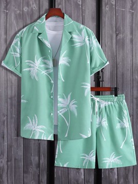 Men's 2 Piece Hawaiian Set – Short Sleeve Palm Tree Print Button Up Shirt &amp; Shorts Matching Outfit