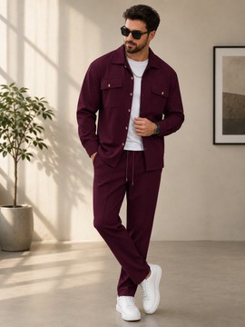 Men's Burgundy Textured Two-Piece Set – Long Sleeve Button-Up Overshirt &amp; Matching Jogger Pants
