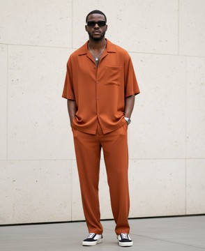 Relaxed Fit Burnt Orange Cuban Collar Co-ord Set | Men's Textured Resort Shirt &amp; Trousers