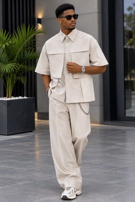 Men's Beige Oversized Utility Shirt &amp; Wide Leg Trousers Set – Short Sleeve Cargo Pocket Shirt