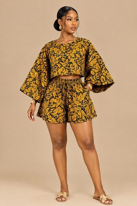Women’s Mustard Yellow African Print Crop Top and Shorts Set
