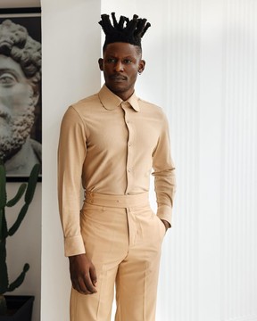A Light brown, club collar, elastic casual shirt.