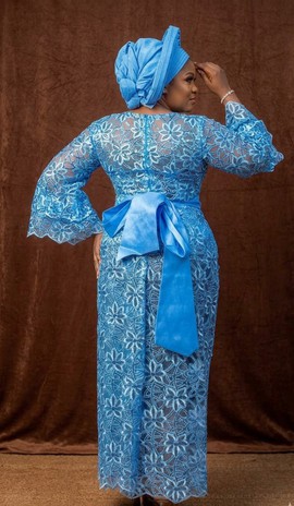 Cornflower Blue Sequin Lace Fitted Gown with Satin Bow Belt &amp; Matching Gele