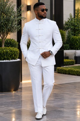 Costume blanc pour homme à col officier et fermeture à boutons grenouille – Ensemble deux pièces composé d’un blazer et d’un pantalon ajustés