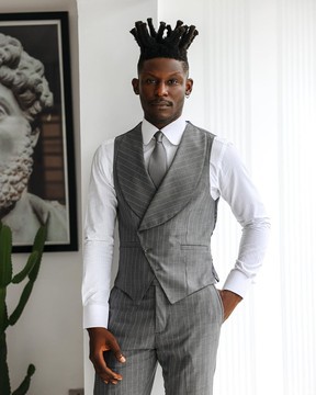 A Grey and ivory white pencil stripe, double breasted shawl lapel waist coat.