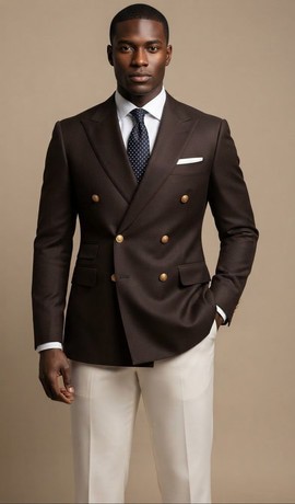 Veste de costume croisée marron foncé avec pantalon crème