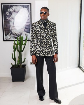 A Charcoal Black, insect element, metallic jacquard shawl lapel wrap suit