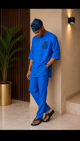 Ensemble haut traditionnel bleu roi pour homme avec imprimé de cercles noirs et pantalon