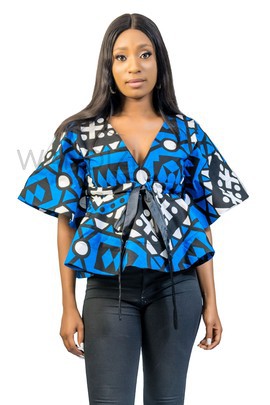 Blue Front Tie Peplum Top, Ankara PeplumTop, African Print Peplum Top, African Womens Clothing