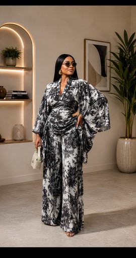 Ensemble kimono et pantalon large à imprimé tie-dye noir et gris pour femme – Taille froncée, 2 pièces