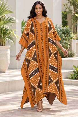 Robe midi à col en V et manches courtes pour femme en imprimé africain | Robe midi en imprimé africain | Bynelo