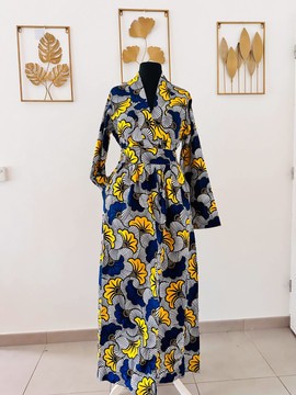 Ensemble deux pièces wax - kimono - jupe longue - poche 1 fleurs de mariage bleu jaune