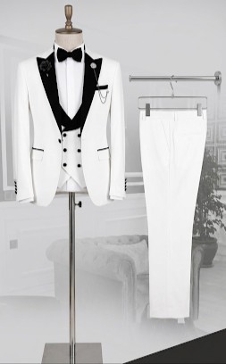 Smoking blanc 3 pièces pour homme – Coupe ajustée, costume de mariage et de bal (veste, gilet, pantalon)