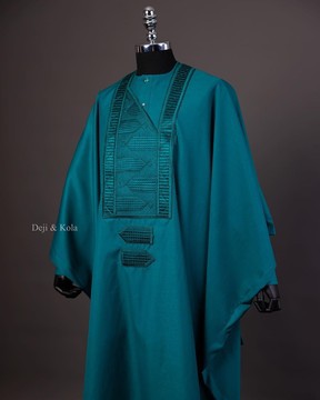 A teal green agbada, long sleeve buba with matching Swarovski button details &amp; sokoto