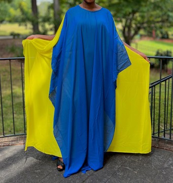 Yellow and Blue Two-tone Sheer Chiffon Maxi Layered Kaftan Dress