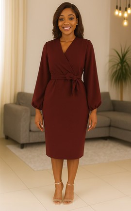 Figure-Flattering Midi Pencil Wrap Dress Big Bishop Sleeve - Burgundy