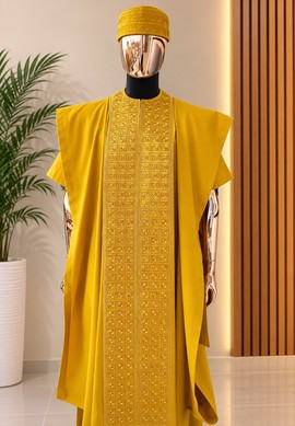 Men's Golden Yellow Cotton Blend Embroidered Agbada Set