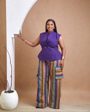 Purple Peplum Top and Multi-Color Striped Cargo Pants Set