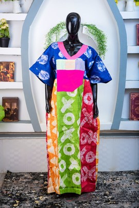 Batik Adire Boubou Maxi dress (orange/lemon/pink)