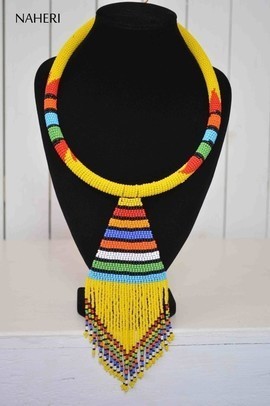 African Beaded Yellow Necklace | Zulu Inspired Beaded Necklace | Tribal Pendant Jewelry