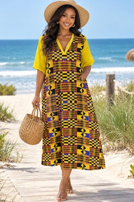Robe midi ample à col en V en kente, héritage africain, pour femme | Mode kente | Bynelo