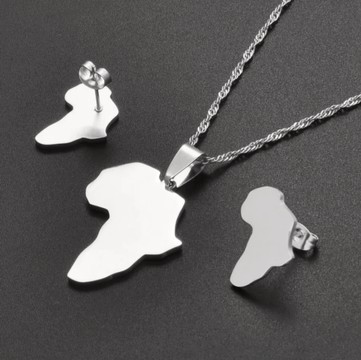 Silver africa map necklace and earrings set