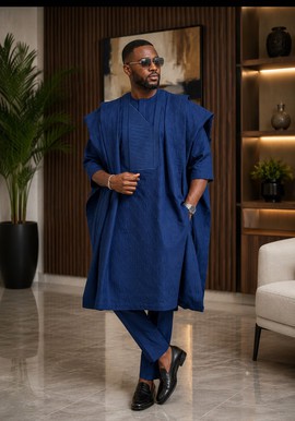 Men's Navy Blue Textured Agbada Set – Senator Material Traditional Outfit with Woven Pattern