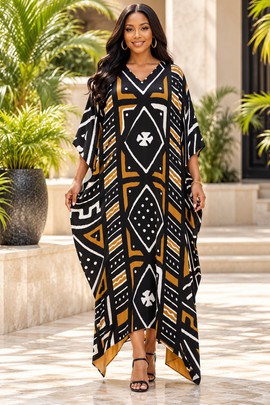 Robe midi à col en V et manches courtes pour femme en imprimé africain | Robe midi en imprimé africain | Bynelo