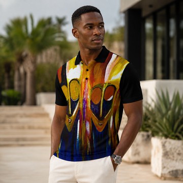 African Masquerade Faces Print Men's Heavyweight Polyester Polo Shirt | Cultural Fashion | Bynelo