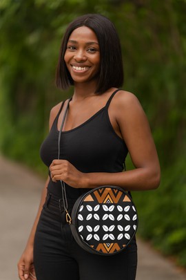 Black Bag Leather Round Sling Mud Cloth Print