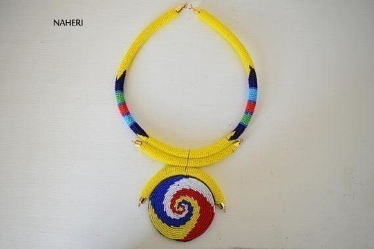 African Maasai Beaded Pendant Necklace Yellow  | Zulu Beaded Necklace