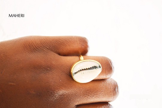 African cowrie shell adjustable brass ring