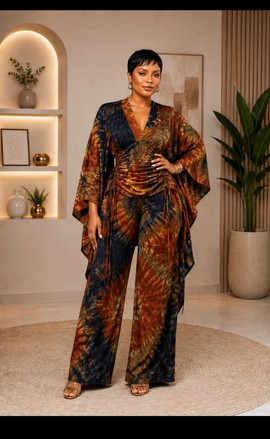 Ensemble haut à manches chauve-souris et pantalon large à motif tie-dye en forme de soleil, rouille et bleu marine, pour femme