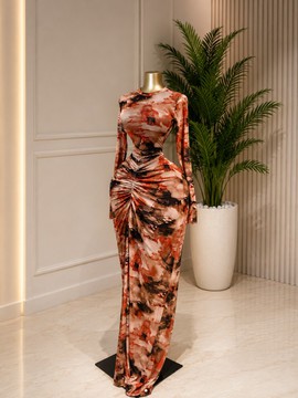 Abstract Tie-Dye Print Mesh Bodycon Maxi Dress – Long Sleeve Ruched Draped Evening Gown with Slit