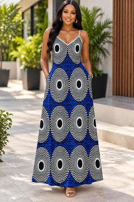 Robe longue élégante à col en V Heritage Sunburst Ankara pour femme | Robe longue à imprimé Ankara