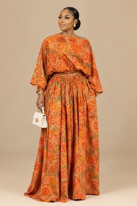 Women’s African Print Maxi Skirt Set | Orange Batwing Top &amp; Long Flare Skirt