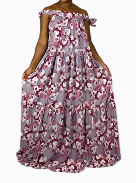 Floral Print Purple Colorful Off Shoulder Maxi Dress