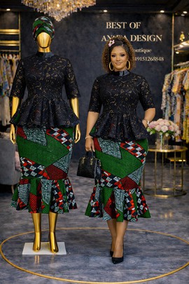 Elegant Lace &amp; Ankara Peplum Midi Dress – Green Mix