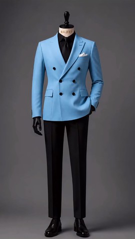 Men's Sky Blue Double-Breasted Blazer &amp; Black Trousers Set – Contrast 2-Piece Formal Suit