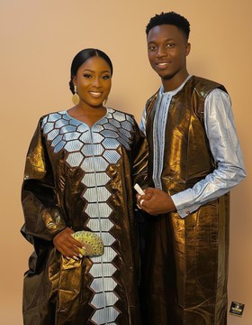 Luxe Bronze Bazin Riche &amp; Silver Embroidery His-and-Hers Agbada Set