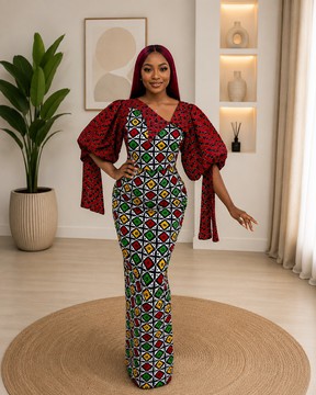 Ankara Print Maxi Dress – Puff Sleeve African Print Bodycon Gown with Geometric Diamond Pattern"