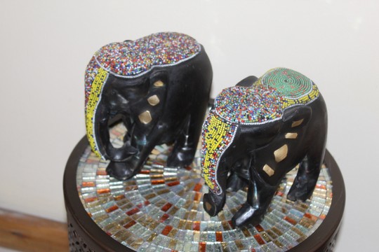 2pc Couple Beaded Wooden Elephant Figurines, African Decor, Wooden Figurines. Home Decor