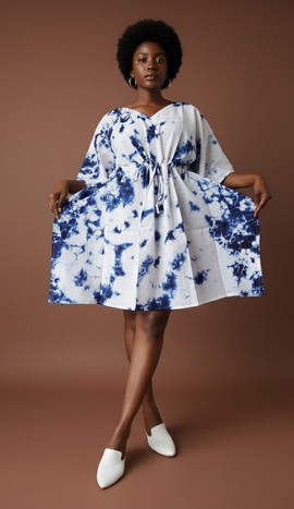 Robe élégante bleu tie-dye avec cordon de serrage ajustable, pour une élégance décontractée