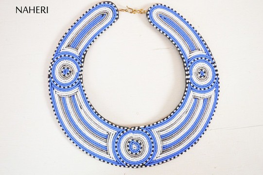 African Maasai Beaded Collar Necklace Blue
