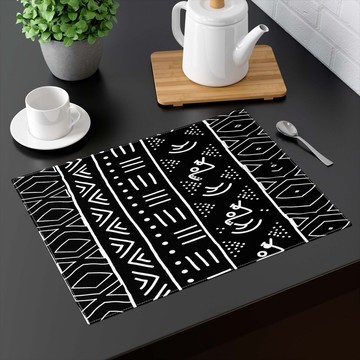 (TWO PIECES) African Print Tabletop Placemat Tribal Mudcloth Black (MORE SIZES AVAILABLE)