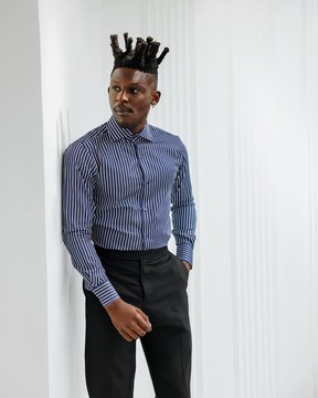 A blue and white stripe business shirt.