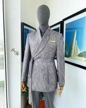 An “Epitome” steel grey, power blue &amp; light brown mix inverted element mix metallic jacquard suit