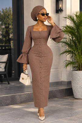 Robe longue marron à fines rayures pour femme – Robe moulante boutonnée sur le devant avec manches à poignets évasés