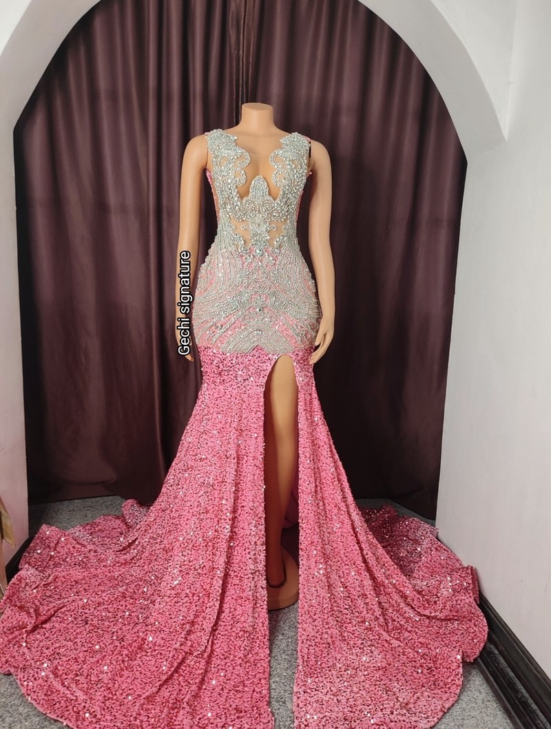 Luxury pink wedding reception dress, rhinestones floor length prom even -  ANKA