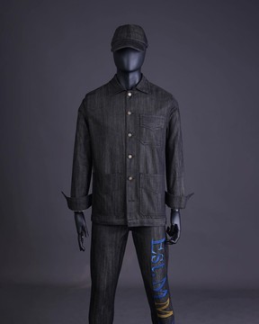 A branded black greyscale, denim shirt jacket &amp; pant.